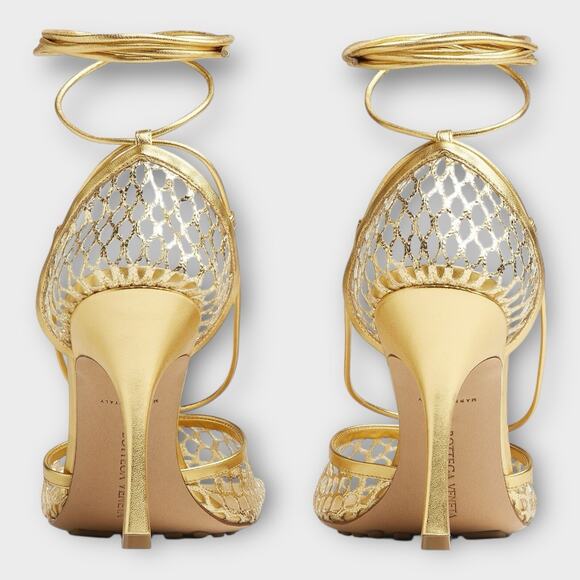 Womans Stretch Mesh Ankle Tie High Heel Sandals In Gold Size 37 - Picture 8 of 12